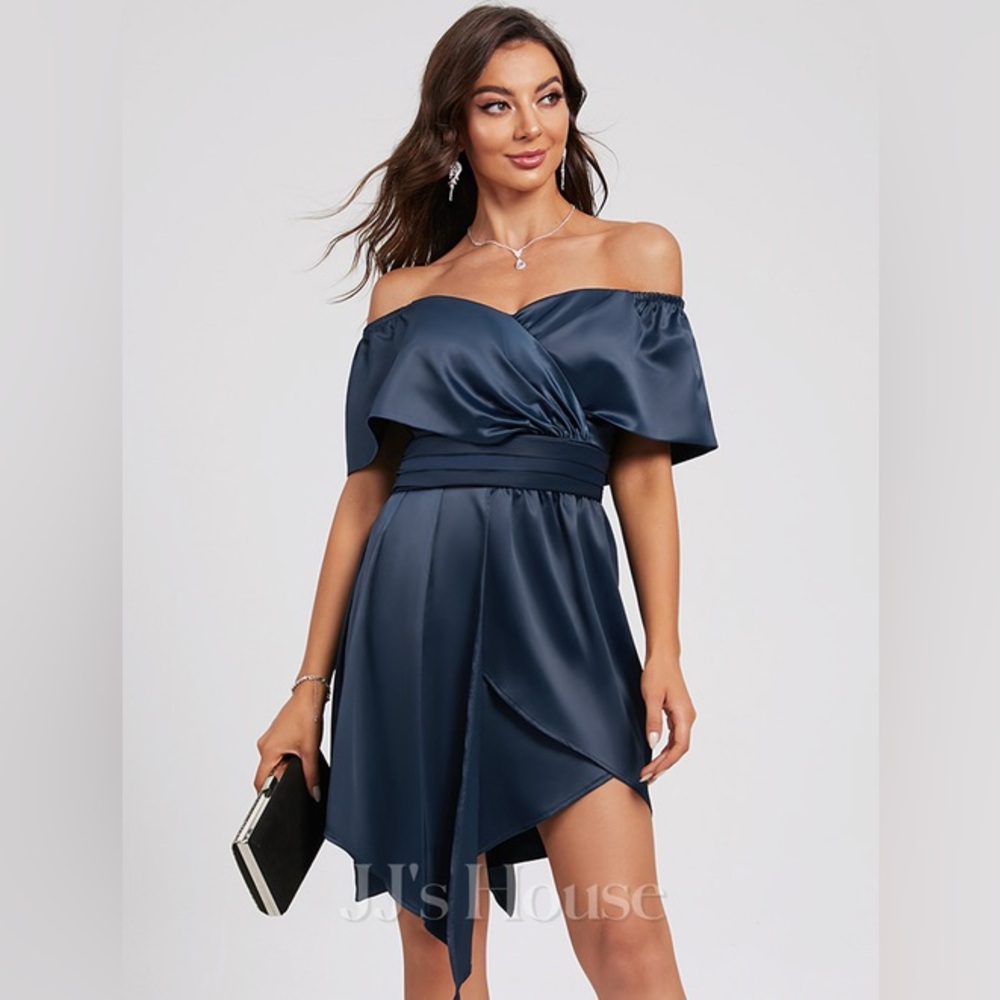 JJ’s House Navy Sheath Off the Shoulder Asymmetrical Silky Satin Cocktail Dress